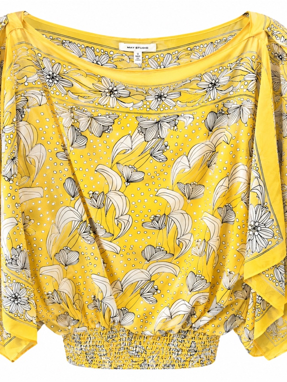 Max Studio Yellow Floral Boatneck Blouse with White & Black Print